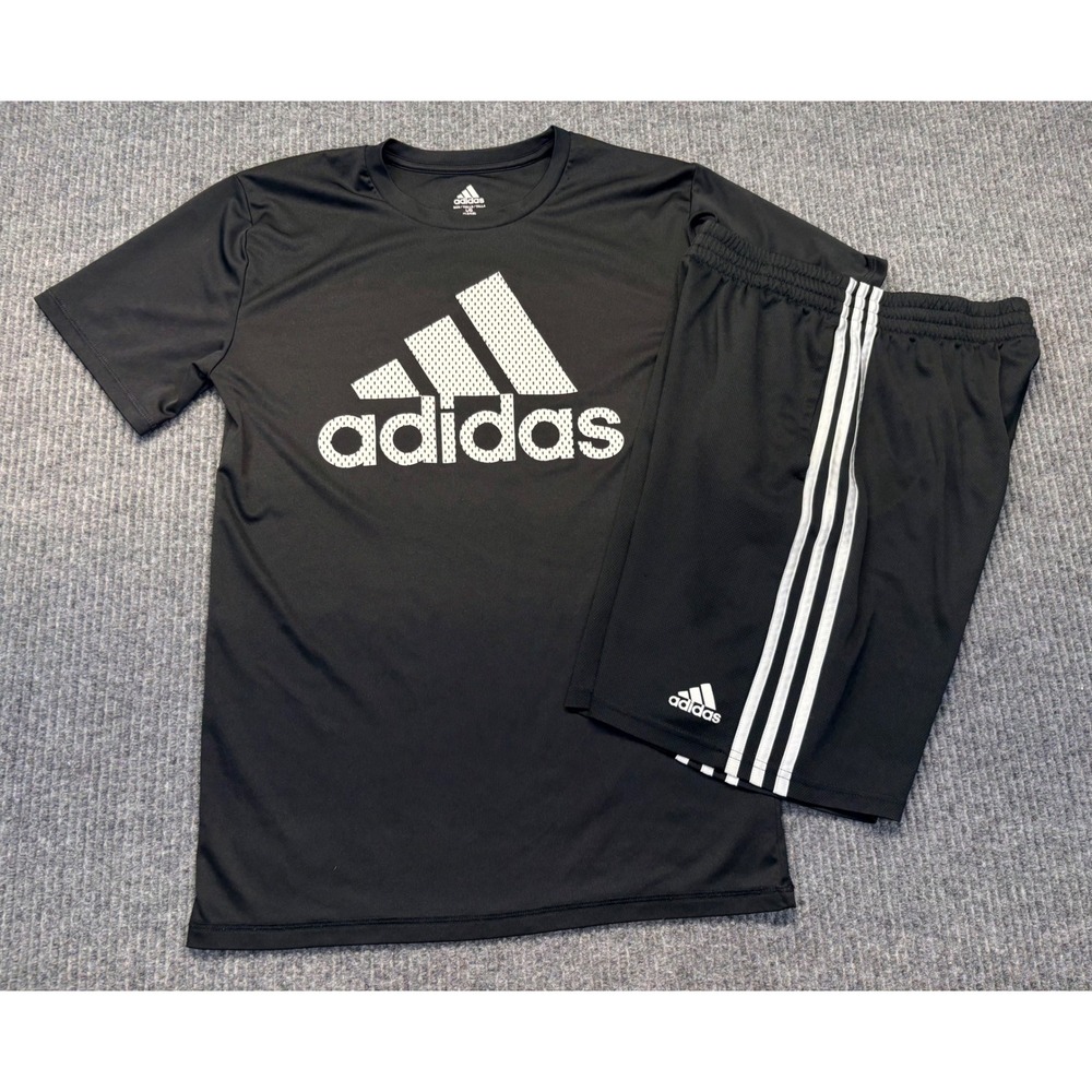 Adidas Boys Black White Logo Graphic T-Shirt and Shorts Set Size L 14/16